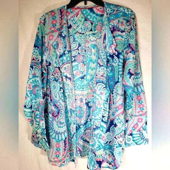 Torquoise Paisley Print Button Up Long Sleeve Shirt Sz L-XL - Picture 2 of 7